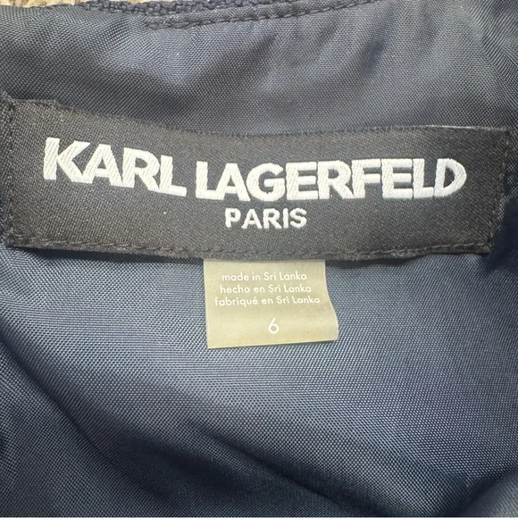 Karl Lagerfeld Paris Women's 6 Tweed Navy Dress with Pearl and Chain Detail - Picture 4 of 7